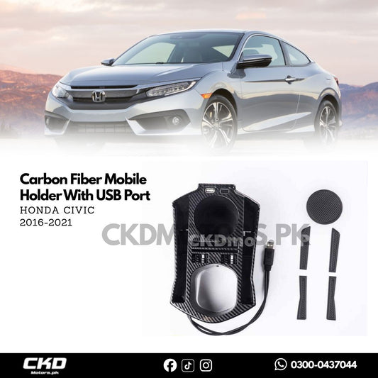 Honda Civic X Carbon Fiber Mobile Holder With USB Port | 2016-21